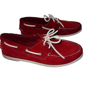 Vintage L.L. Bean Womens 9.5 Red Leather Topsider Boat Shoes White Rubber Soles